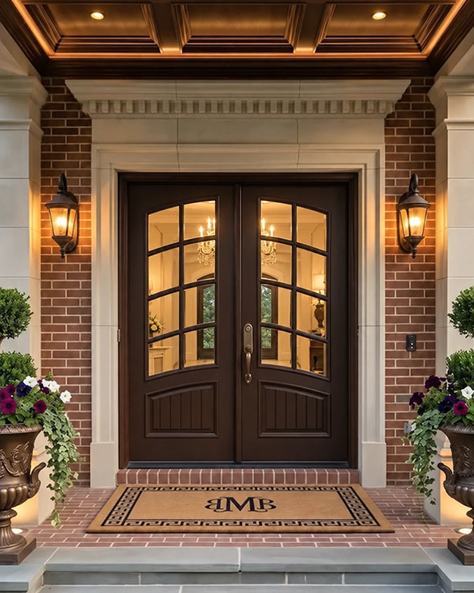 Masterpiece Doors Classic French Bell Swag Double Doors on a home with plants next to the doors and coffered ceiling overhang over the porch.