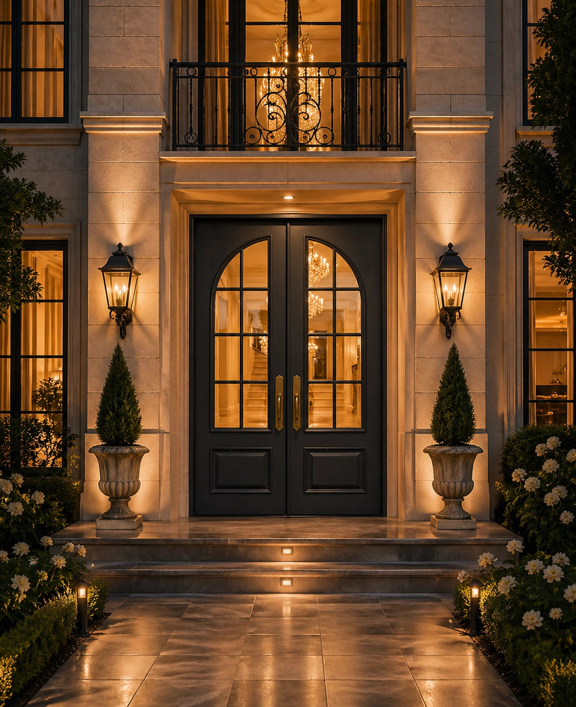 Luxurious front door of a mansion with decorative lights and plants.