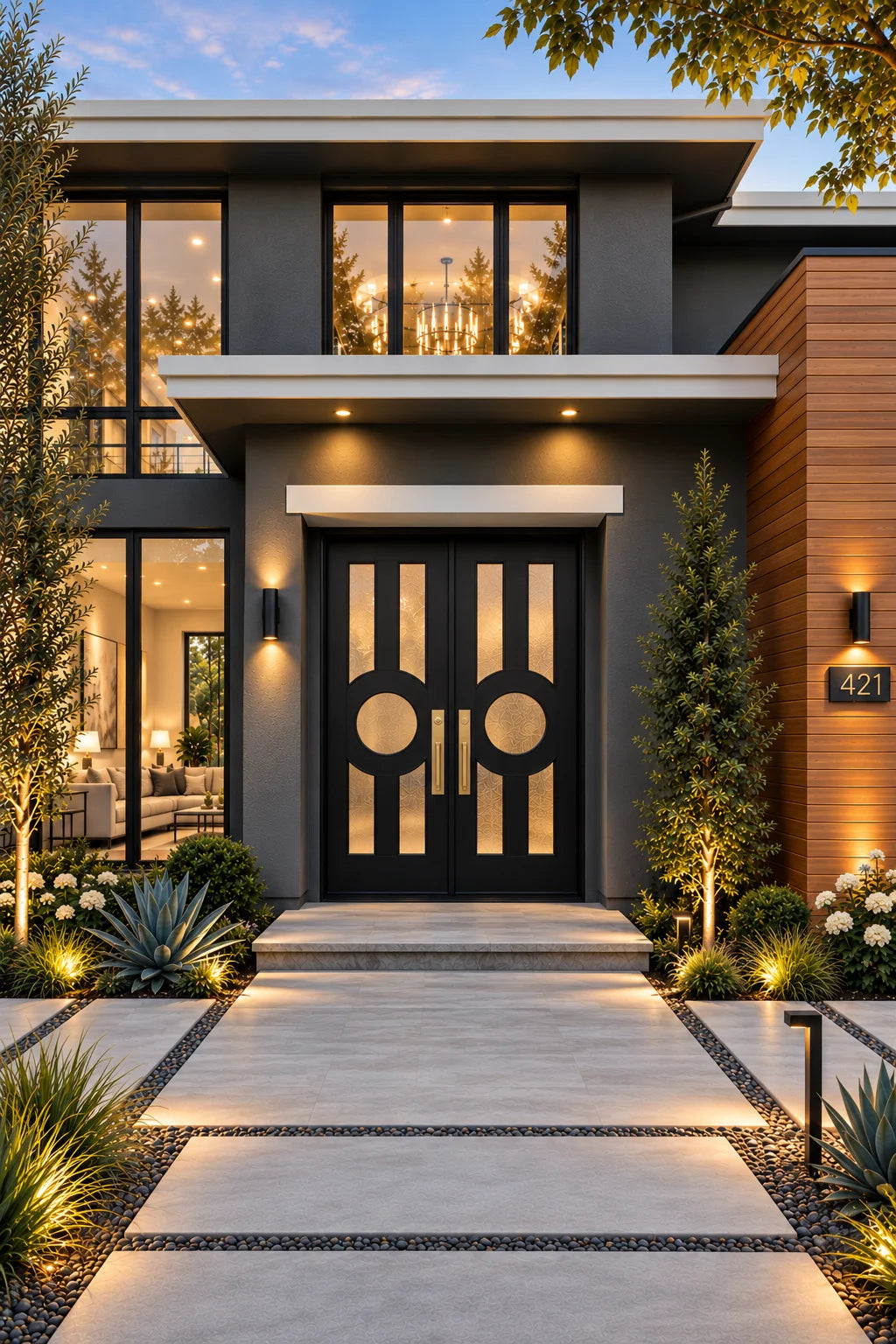 Contemporary Doors on stylish modern home with beautiful lighting.