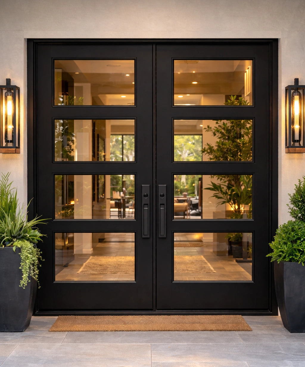 Black glass front doors with a doormat leading to a well-lit interior.