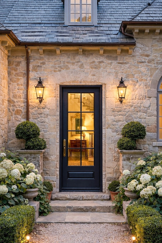 Stately stone house with a black front door and Masterpiece Door Modern French 8 Lite Single Door.