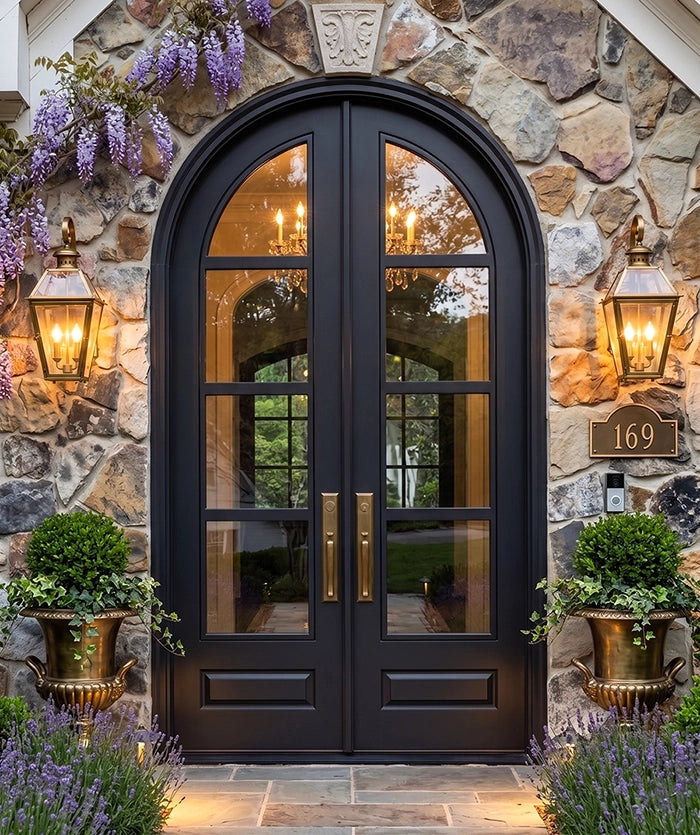 Modern French 4 Lite Arched Double Doors