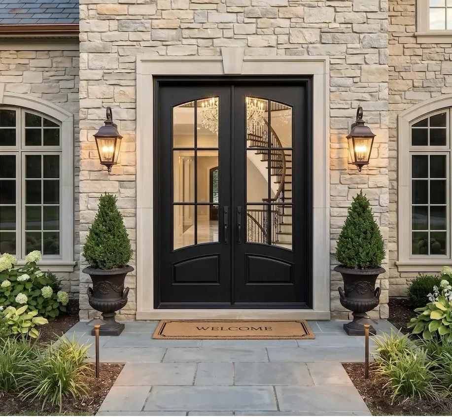 Stately home entrance with black double doors, stone facade, and decorative plants.