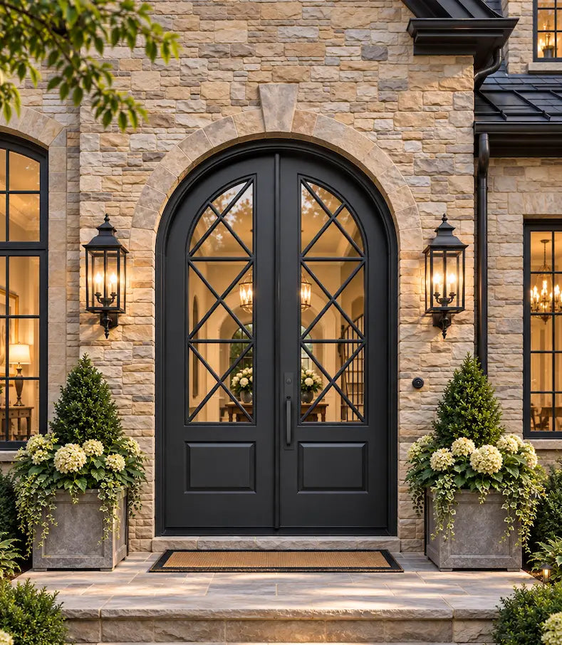 A pair of black arched double front doors with large diamond-paned upper windows, set in a stone facade entryway with wall-mounted lanterns, planter boxes, and a stone step.