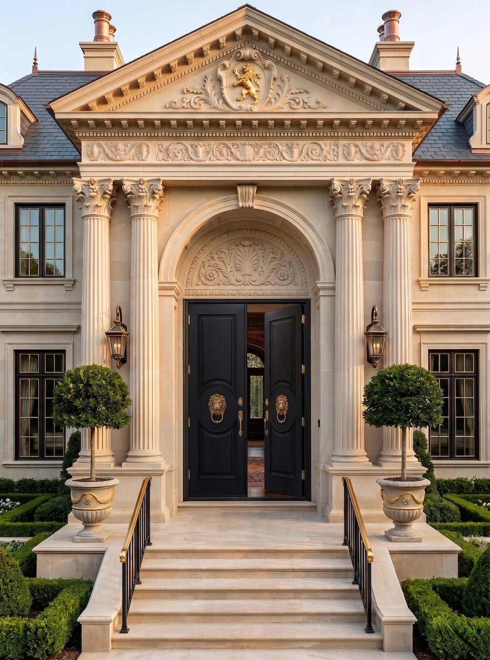 Neoclassical Solid Double Doors with Applied Raised Moldings