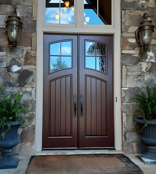 Craftsman Planked Design 4 Lite Eyebrow Glass Double Doors