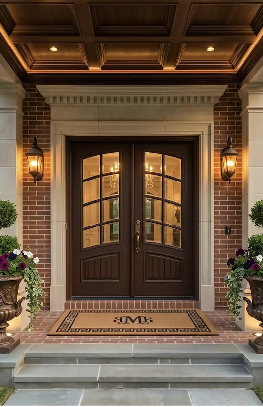 Elegant front entrance of a house with decorative elements and lighting.