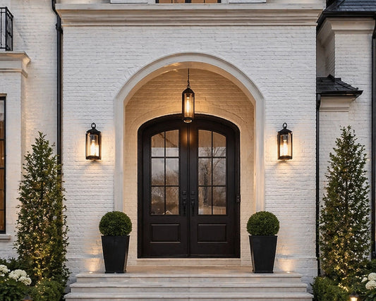 Elegant mansion entrance with decorative lights and plants