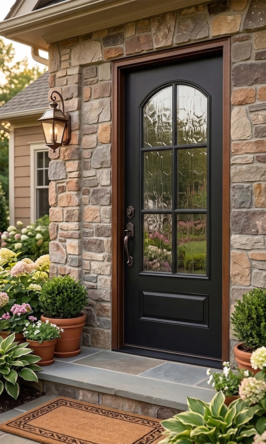 Black door with decorative glass on a stone house exterior