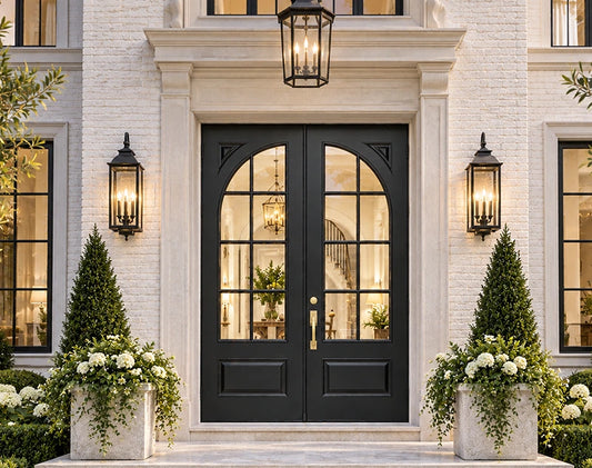 Classic French 8 Lite Quarter Circle Arched Glass Double Doors