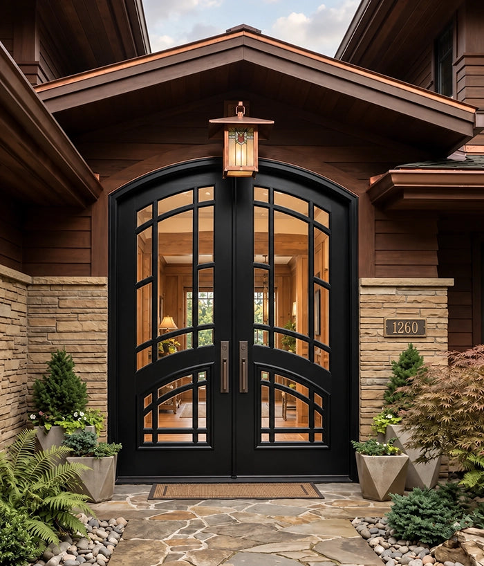 Black Craftsman Double Glass Segment Radius Double Doors on a Craftsman home