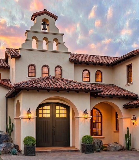 Spanish-style house with a bell tower against a colorful sky and Masterpiece Door front door