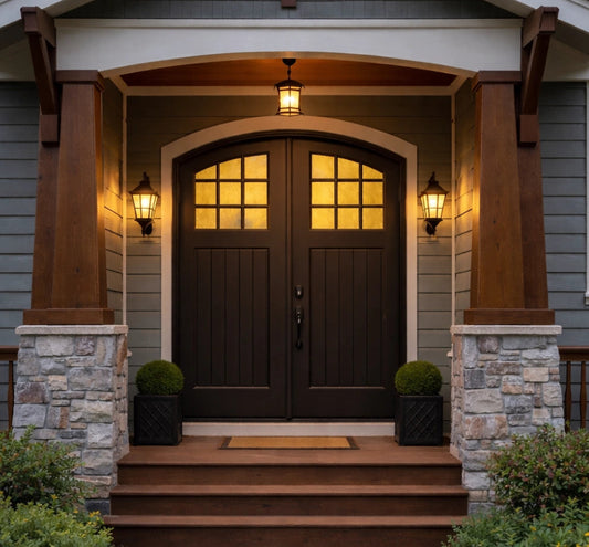 Craftsman Segment Radius Front Double Doors on a house with blue siding.