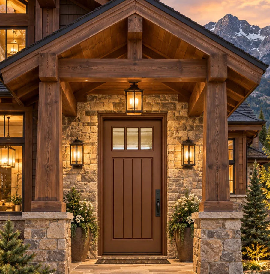 Craftsman 3 Lite Single Door on Rustic Mountain Home with the Mountains in the background. 