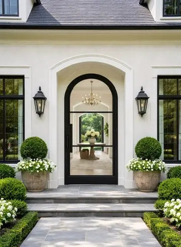 Elegant entrance to a house with decorative plants and a chandelier.