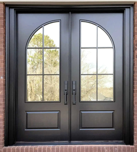 Modern French 6 Lite Quarter Circle Arched Glass Double Doors