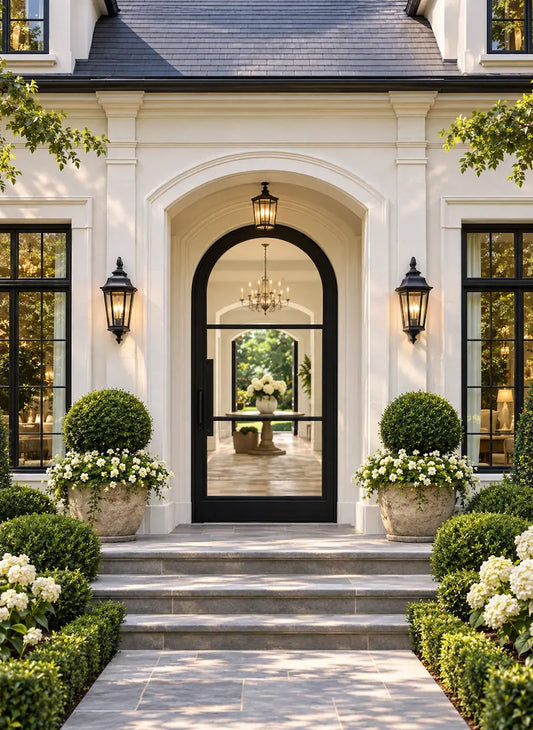 Front exterior of a classic house featuring a black arched entryway door, black-framed windows, wall-mounted lantern lights, stone steps, manicured green hedges, and large planters with white flowers.