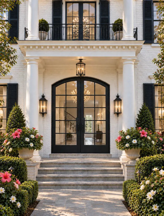 Black arched double glass doors with a black metal railing, set in a white brick house with white columns, stone steps, and landscaped flower planters.