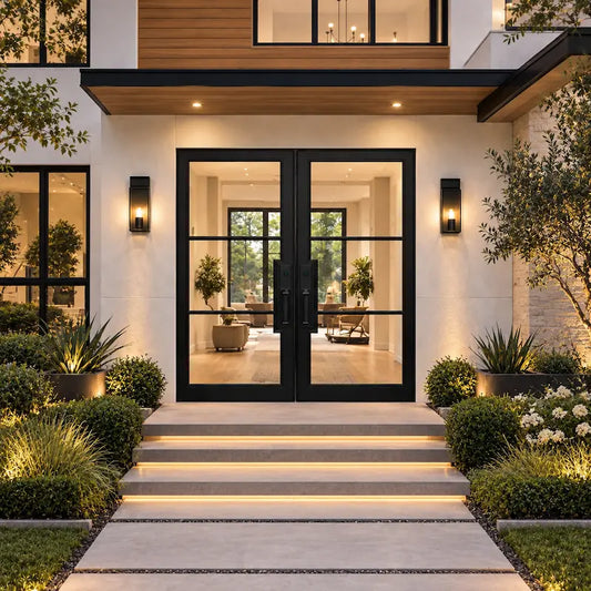 Modern double glass entry doors with black frames and large grid panes, set in a contemporary house facade with stone and wood exterior walls. A lighted stone staircase leads up to the doors, flanked by landscaped greenery and warm outdoor wall lighting.