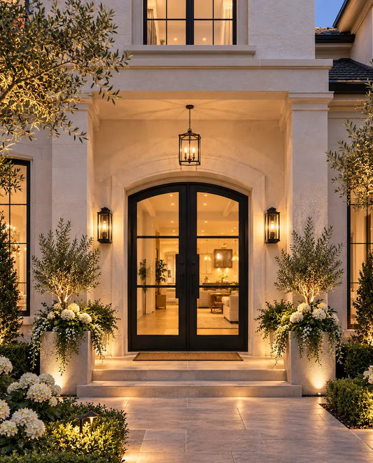 A luxury home front entrance featuring black arched double glass doors, warm outdoor lighting, symmetrical planters with white flowers, and a stone walkway.