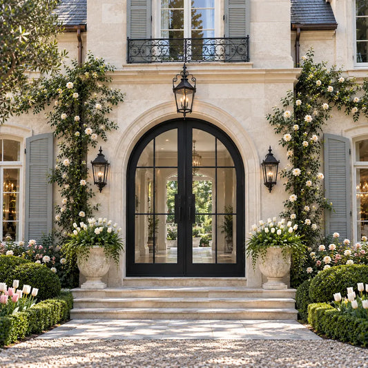 A grand stone mansion entrance with black arched double doors, stone steps, symmetrical shutters, wall lanterns, and climbing white flowers in large planters and along the facade.