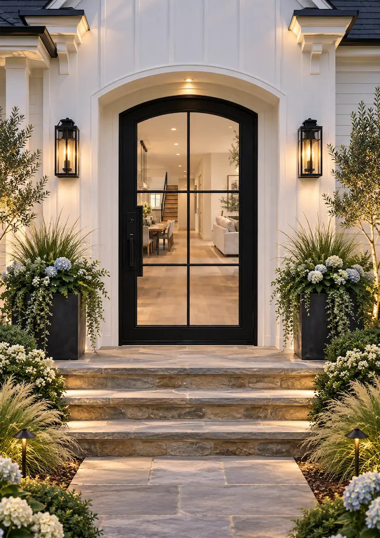 A front entryway with a black arched glass door set in a white house, flanked by tall black planters with ornamental grass and white flowers, with stone steps leading up a paved walkway at dusk.