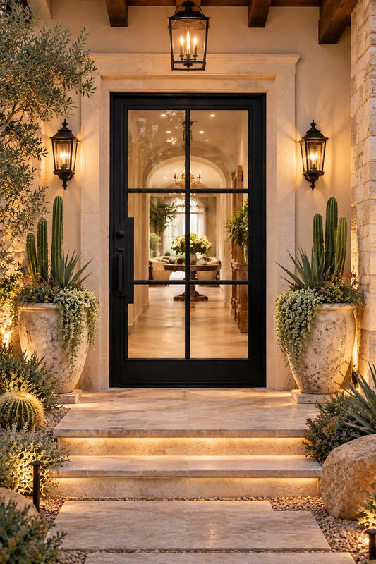 A modern black metal front door with large glass panes, set in a warm stone entryway with illuminated steps, potted cacti, wall lanterns, and a garden path.