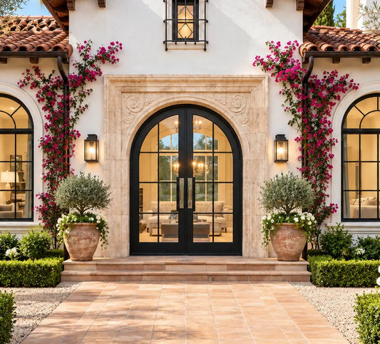 Arched double front doors with black frames and glass panes, set in a stone archway on a stucco house facade. Bright pink bougainvillea climbs both sides, with potted shrubs, terracotta tile walkway, and warm interior lighting visible through the windows.