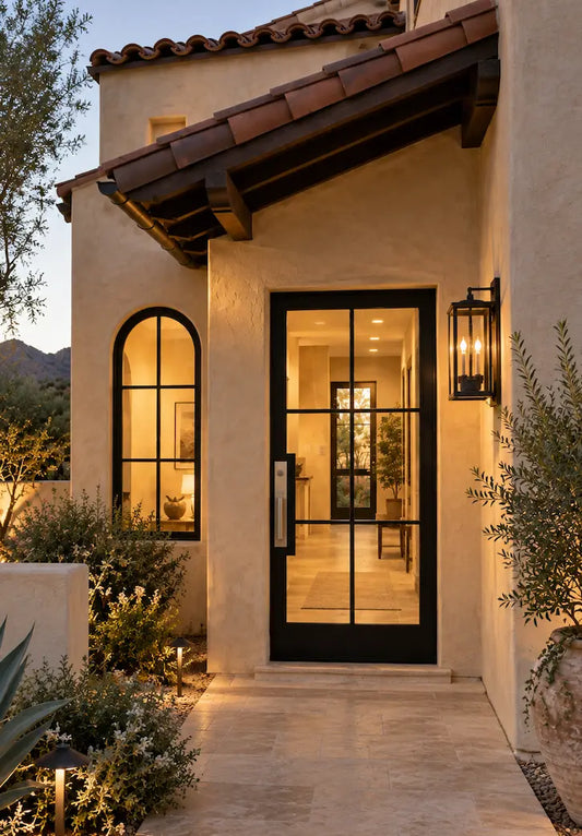 Modern black-framed glass entry door with a warm interior visible through the glass, set in a stucco home exterior at dusk with landscaping and wall lanterns.