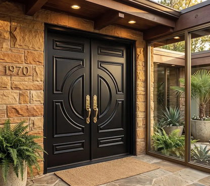 Black double doors with gold handles on a stone building exterior.
