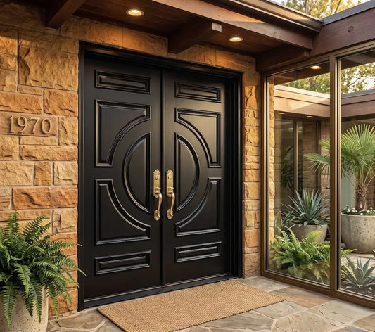 Black double doors with gold handles on a stone building exterior.