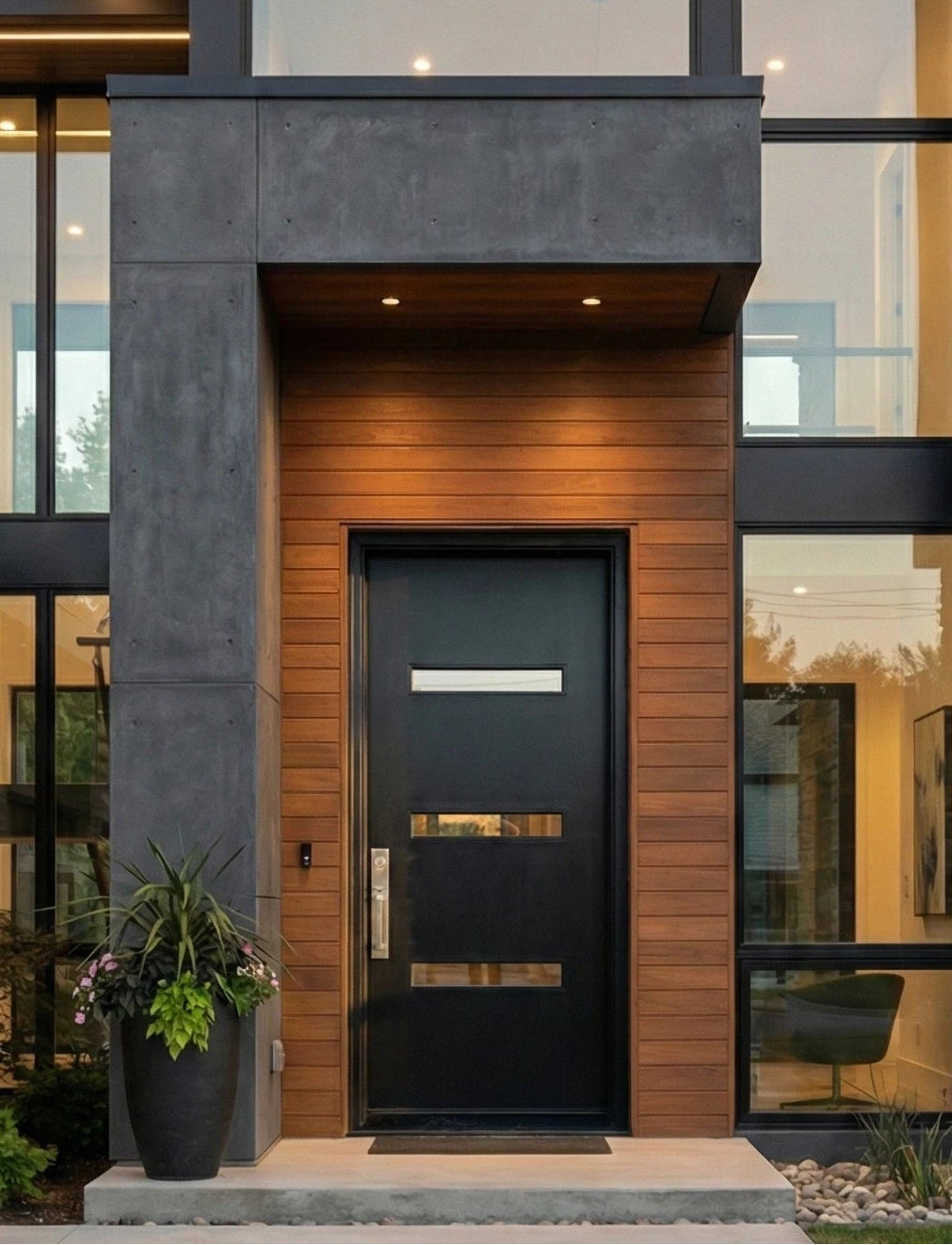 Modern house entrance with a black door and wooden facade