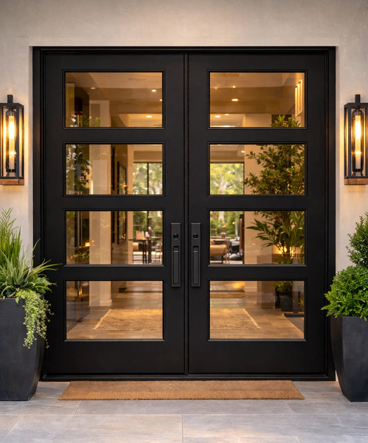 Black glass front doors with a doormat leading to a well-lit interior.