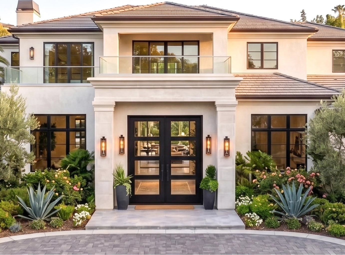 Stylish modern house with a driveway and landscaped garden