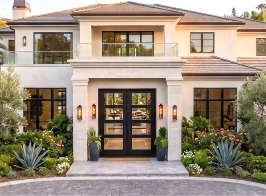 Stylish modern house with a driveway and landscaped garden