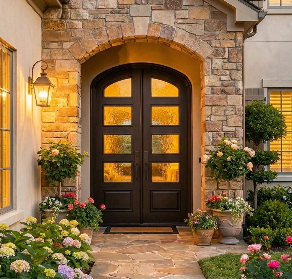 Modern French 4 Lite Elliptical Double Doors on a home with a stone facade