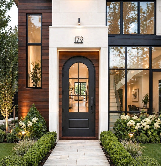 Modern house exterior with a black door and decorative garden
