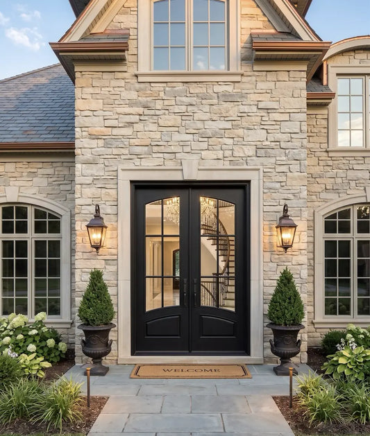 Modern French 6 Lite Eyebrow Glass Double Doors