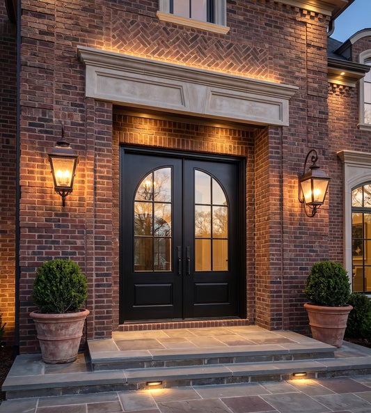 Modern French 6 Lite Quarter Circle Arched Glass Double Doors