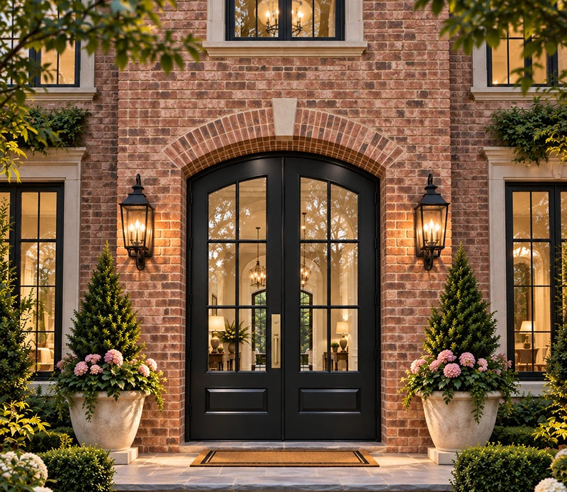 Black double front doors with arched top and multi-pane glass, set in a brick house facade with wall-mounted lanterns, potted conifer trees, pink flowers, and manicured landscaping.