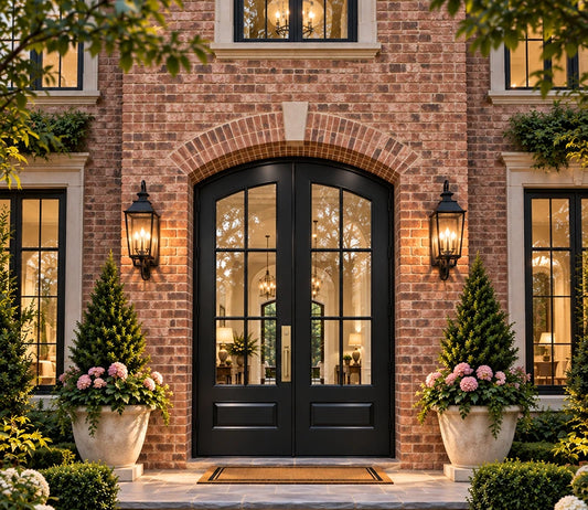 Black double front doors with arched top and multi-pane glass, set in a brick house facade with wall-mounted lanterns, potted conifer trees, pink flowers, and manicured landscaping.