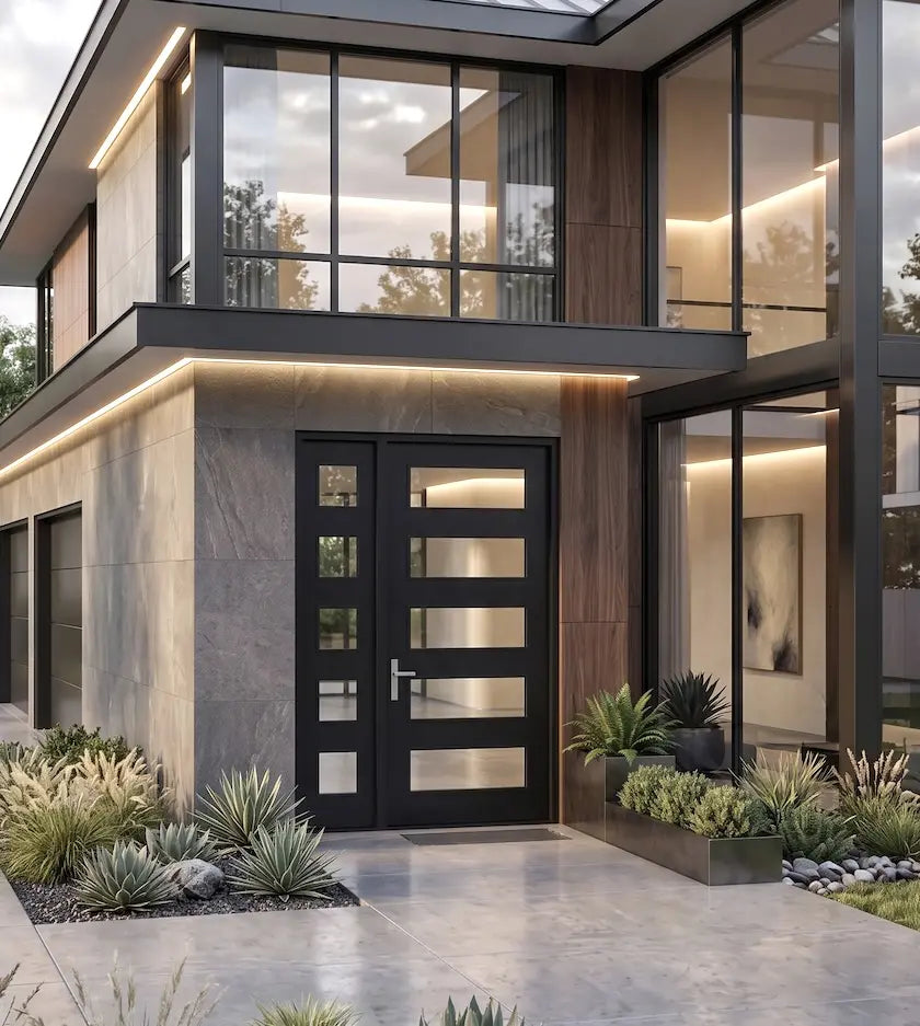 Modern house exterior with a black door and glass windows
