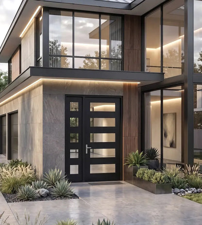 Modern house exterior with a black door and glass windows