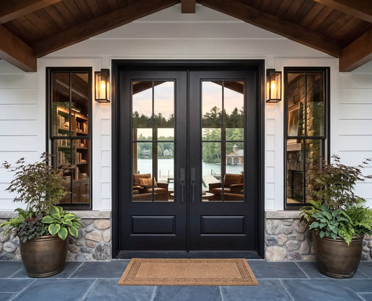 Black double front door with glass panels on a house exterior, flanked by two potted plants.