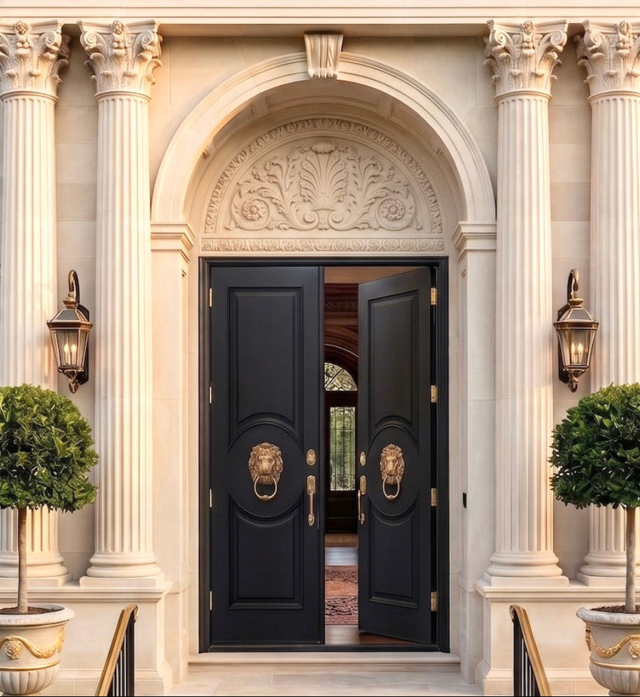 Neoclassical Solid Double Doors with Applied Raised Moldings