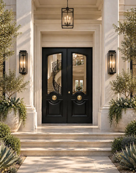 A pair of black double front doors with arched glass panels and round gold medallions, set in a grand entryway with cream stone columns, wall sconces, and potted plants.