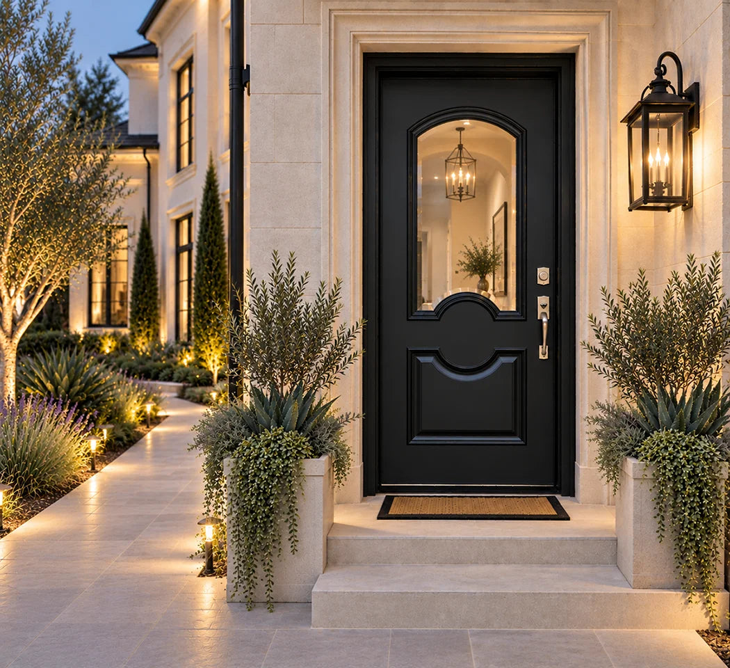Custom black entry door with smooth painted finish, arched clear glass, elegant hardware, and warm interior lighting on a luxury Southern California-style home with refined landscaping and illuminated stone architecture.