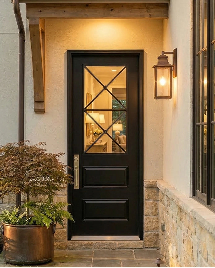 Black front door with glass panels on a house exterior
