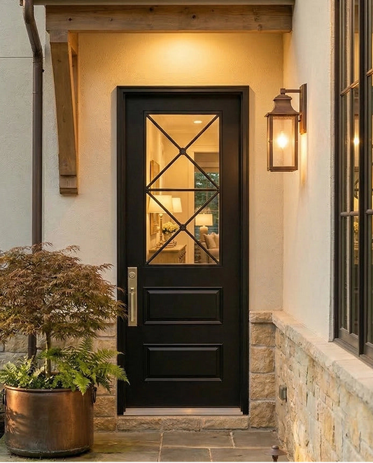 Black front door with glass panels on a house exterior