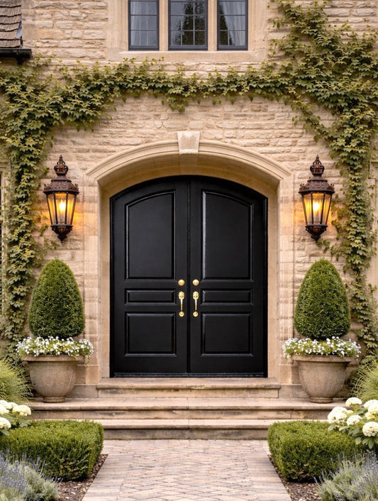 Masterpiece Solid Segment Radius Double Doors on an English Country Manor with beautiful landscaping.